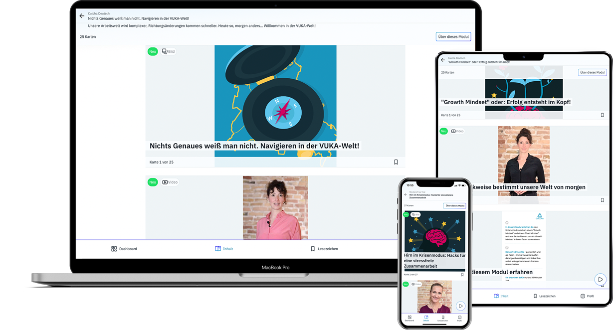 Culcha auf MacBook, Tablet und Smartphone: Modulkarten, Videos und Lesezeichen
